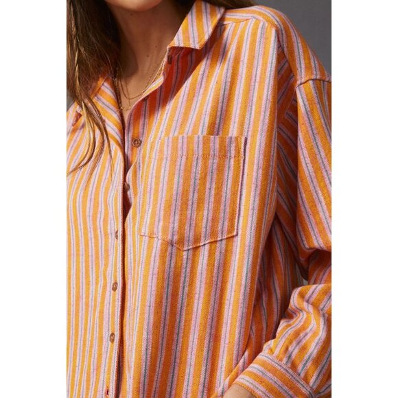PILCRO Oxford Tunic Orange Pink Striped Cotton Linen Button Down Shirt, Size XS - Picture 4 of 16
